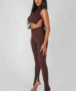 Public Desire UK Split Hem Ribbed Legging Chocolate
