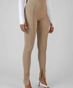 Public Desire UK Split Hem Ribbed Legging Camel KAIIA CLOTHING