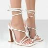 Public Desire UK Lori White Strappy Lace Up Square Toe Heels
