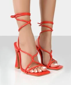 Public Desire UK Back In Stock LORI ORANGE STRAPPY LACE UP SQUARE TOE HEELS