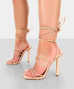 Public Desire UK Make Way Nude Patent Strappy Lace Up Square Toe Stilettos