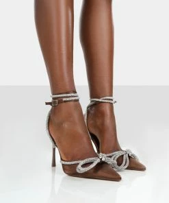 Public Desire UK Midnight Chocolate Satin Wrap Around Bow Pointed Toe Court Heels