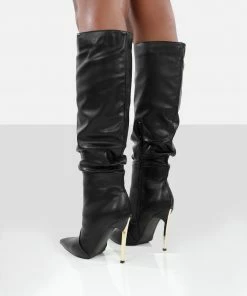 Public Desire UK Monica Black PU Pointed Toe Knee High Boots Long Boots