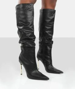 Public Desire UK Monica Black PU Pointed Toe Knee High Boots Long Boots