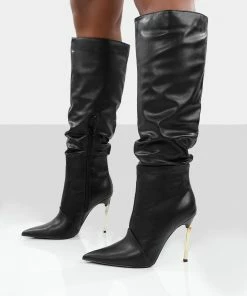 Public Desire UK Monica Black PU Pointed Toe Knee High Boots Long Boots