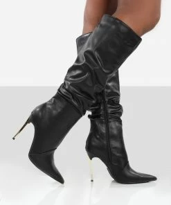 Public Desire UK Monica Black PU Pointed Toe Knee High Boots Long Boots