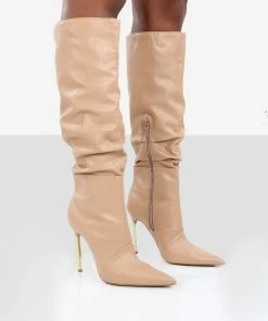 Public Desire UK Monica Nude PU Pointed Toe Knee High Boots