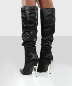 Public Desire UK Long Boots Monica Black Croc Ecru PU Pointed Toe Knee High Boots