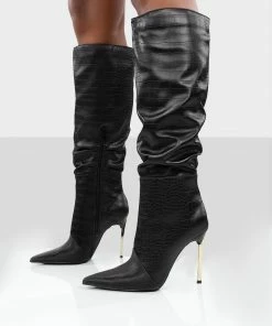 Public Desire UK Long Boots Monica Black Croc Ecru PU Pointed Toe Knee High Boots
