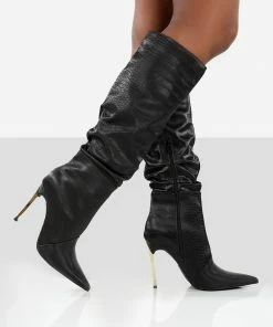 Public Desire UK Long Boots Monica Black Croc Ecru PU Pointed Toe Knee High Boots