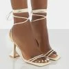 Public Desire UK Dymond Off White Lace Up Square Toe Cake Stand Heels