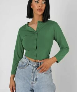 Public Desire UK KAIIA CLOTHING Button Front Long Sleeve Crop Top Khaki