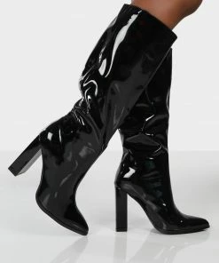 Public Desire UK POSIE BLACK PATENT WIDE FIT KNEE HIGH BOOTS