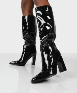Public Desire UK POSIE BLACK PATENT WIDE FIT KNEE HIGH BOOTS