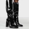 Public Desire UK POSIE BLACK PATENT WIDE FIT KNEE HIGH BOOTS