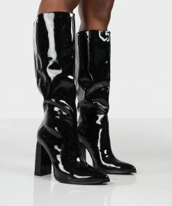 Public Desire UK POSIE BLACK PATENT WIDE FIT KNEE HIGH BOOTS