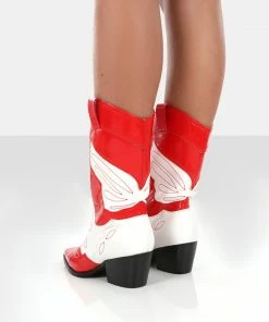 Public Desire UK Howdy Red Patent Pointed Toe Western Cowboy Ankle Boots