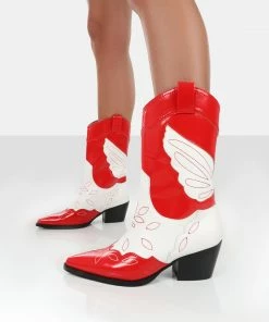 Public Desire UK Howdy Red Patent Pointed Toe Western Cowboy Ankle Boots