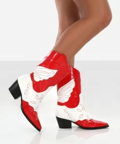 Public Desire UK Howdy Red Patent Pointed Toe Western Cowboy Ankle Boots