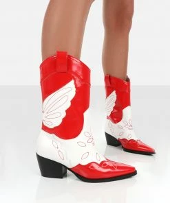 Public Desire UK Howdy Red Patent Pointed Toe Western Cowboy Ankle Boots