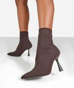 Public Desire UK REFINE CHOCOLATE BROWN KNIT POINTED SOCK ANKLE BOOTS