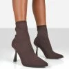 Public Desire UK REFINE CHOCOLATE BROWN KNIT POINTED SOCK ANKLE BOOTS