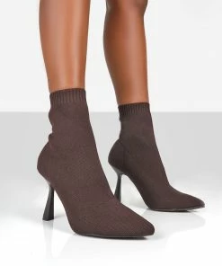 Public Desire UK REFINE CHOCOLATE BROWN KNIT POINTED SOCK ANKLE BOOTS