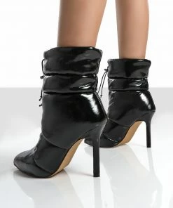 Public Desire UK Reset Black Patent Puffer Drawstring Heeled Boots