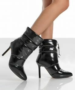 Public Desire UK Reset Black Patent Puffer Drawstring Heeled Boots