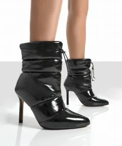 Public Desire UK Reset Black Patent Puffer Drawstring Heeled Boots