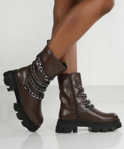 Public Desire UK Restrain Chocolate Pu Chain Detail Chunky Sole Ankle Boot