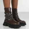 Public Desire UK Restrain Chocolate Pu Chain Detail Chunky Sole Ankle Boot