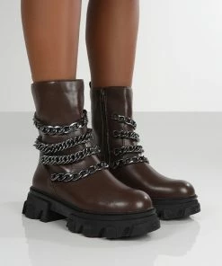 Public Desire UK Restrain Chocolate Pu Chain Detail Chunky Sole Ankle Boot