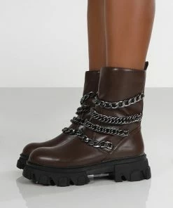 Public Desire UK Restrain Chocolate Pu Chain Detail Chunky Sole Ankle Boot