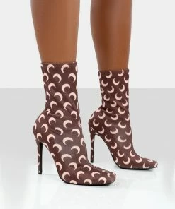 Public Desire UK NEW IN Saturn Return Brown Pointed Toe Printed Sock Boots