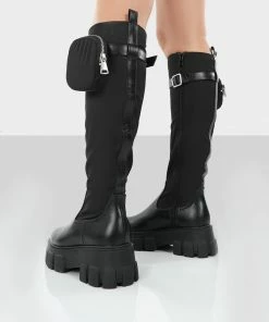 Public Desire UK Showing Up Wide Fit Black Nylon Chunky Sole Pocket Detail Knee High Boots