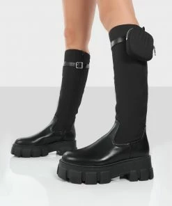 Public Desire UK Showing Up Black PU Chunky Sole Pocket Detail Knee High Boots NEW IN