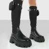 Public Desire UK Showing Up Wide Fit Black Nylon Chunky Sole Pocket Detail Knee High Boots