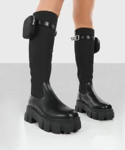 Public Desire UK Showing Up Wide Fit Black Nylon Chunky Sole Pocket Detail Knee High Boots