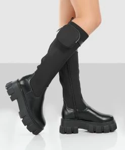 Public Desire UK Showing Up Black PU Chunky Sole Pocket Detail Knee High Boots NEW IN