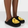Public Desire UK SMILE BLACK PRINTED SMILEY FACE SLIPPERS