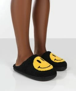 Public Desire UK SMILE BLACK PRINTED SMILEY FACE SLIPPERS