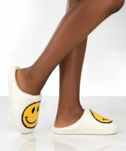Public Desire UK SMILE WHITE PRINTED SMILEY FACE SLIPPERS