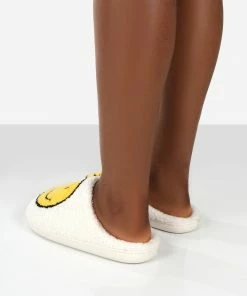 Public Desire UK SMILE WHITE PRINTED SMILEY FACE SLIPPERS