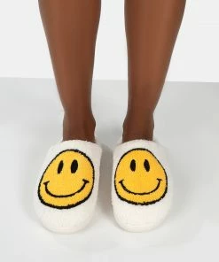 Public Desire UK SMILE WHITE PRINTED SMILEY FACE SLIPPERS