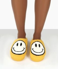 Public Desire UK SMILE YELLOW PRINTED SMILEY FACE SLIPPERS NEW IN