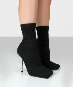 Public Desire UK Back In Stock SOUFFLE BLACK KNIT STILETTO HEEL SOCK ANKLE BOOT