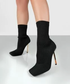 Public Desire UK Back In Stock SOUFFLE BLACK KNIT STILETTO HEEL SOCK ANKLE BOOT