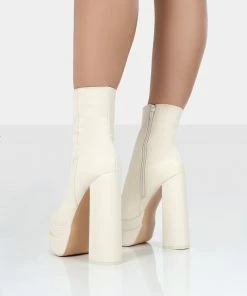 Public Desire UK NEW IN Supine Wide Fit Ecru Pu Chunky Platform High Heeled Ankle Boots