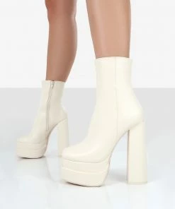 Public Desire UK NEW IN Supine Wide Fit Ecru Pu Chunky Platform High Heeled Ankle Boots